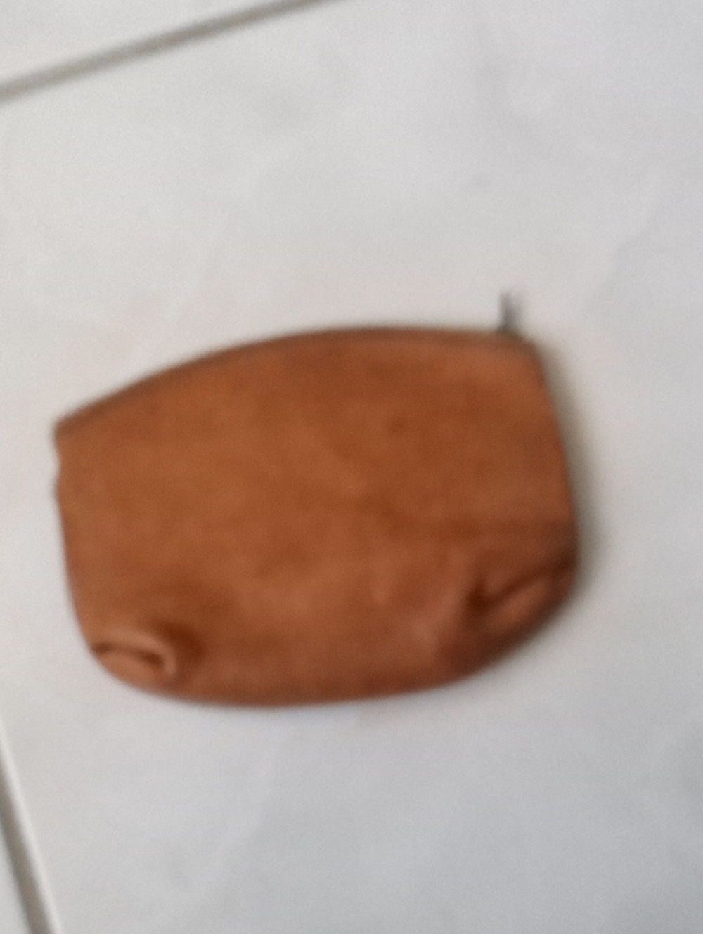 Small Tan Leather Zipper Pouch Make Up Bag. Small Water Spot